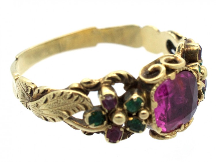 Late Georgian 15ct Gold, Ruby & Emerald Double Pansy Ring with Central Ruby
