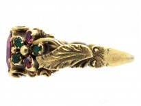Late Georgian 15ct Gold, Ruby & Emerald Double Pansy Ring with Central Ruby