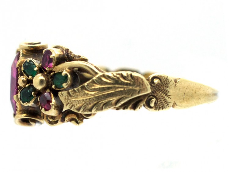 Late Georgian 15ct Gold, Ruby & Emerald Double Pansy Ring with Central Ruby