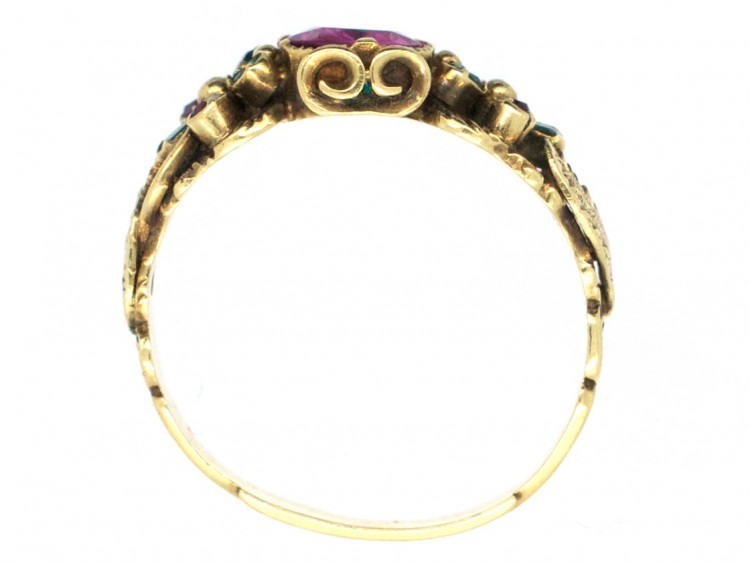Late Georgian 15ct Gold, Ruby & Emerald Double Pansy Ring with Central Ruby