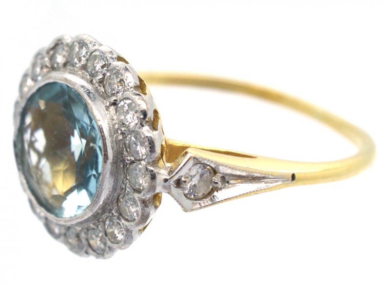 Edwardian 18ct Gold & Platinum, Diamond & Aquamarine Cluster Ring