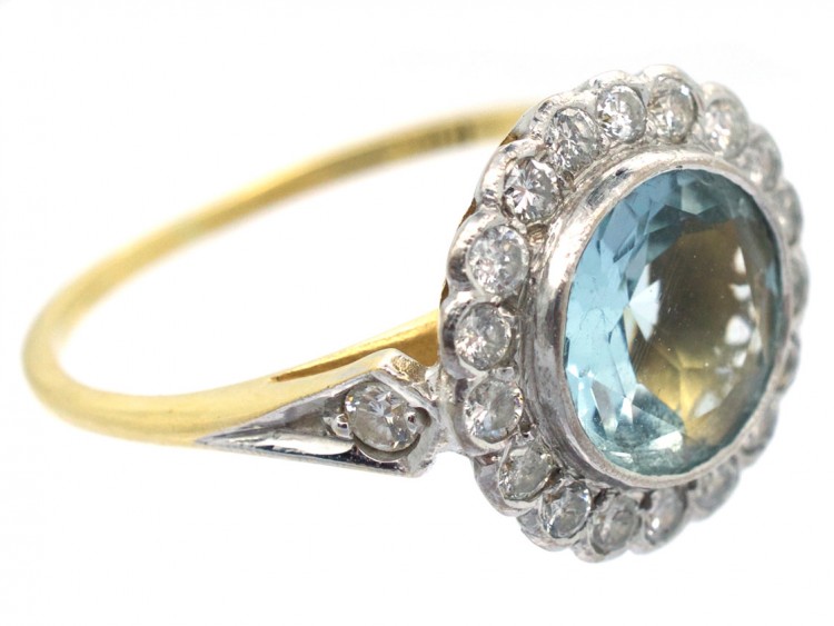 Edwardian 18ct Gold & Platinum, Diamond & Aquamarine Cluster Ring