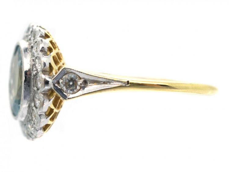 Edwardian 18ct Gold & Platinum, Diamond & Aquamarine Cluster Ring