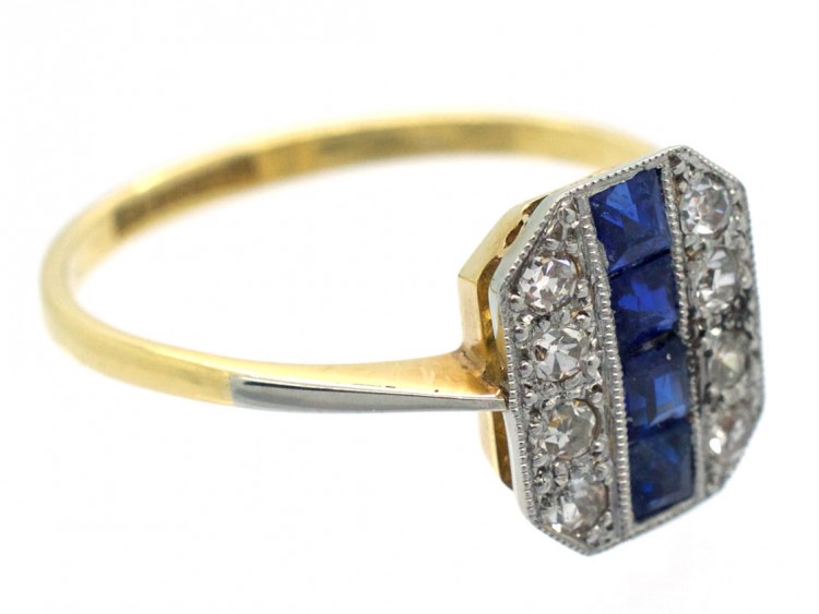 18ct Gold & Platinum Art Deco Sapphire & Diamond Octagonal Ring