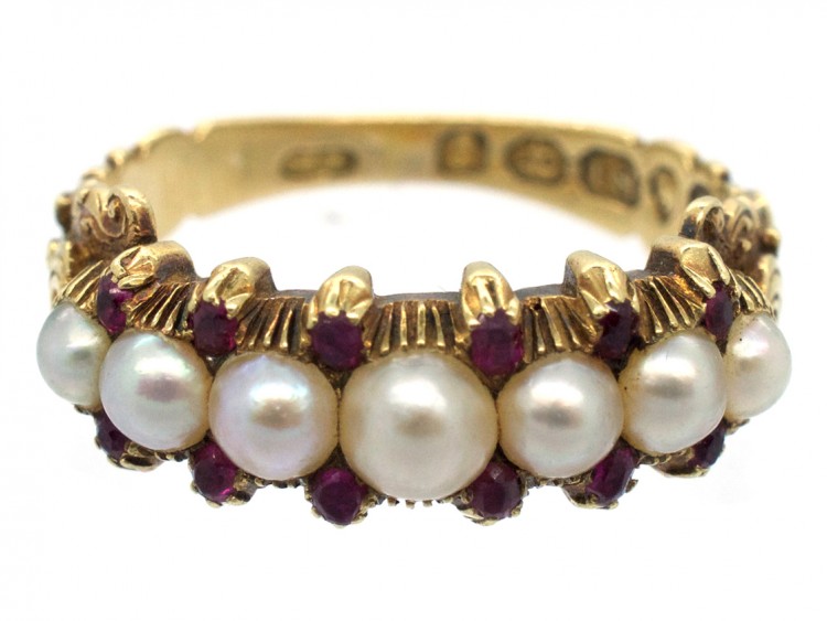 Georgian 18ct Gold Natural Split Pearls & Rubies Ring