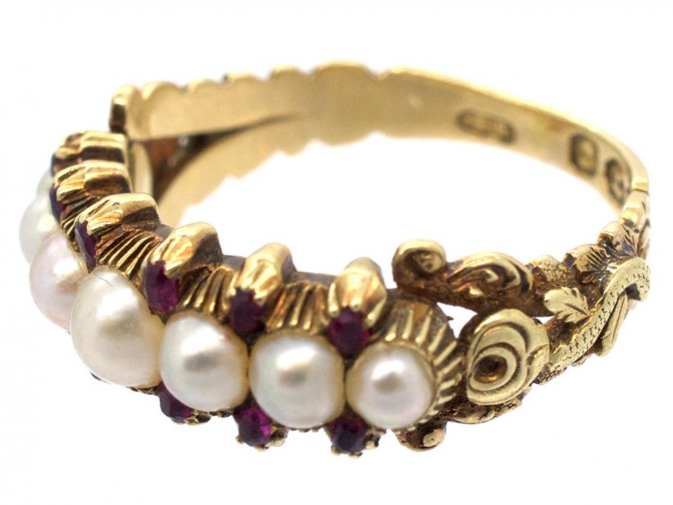 Georgian 18ct Gold Natural Split Pearls & Rubies Ring
