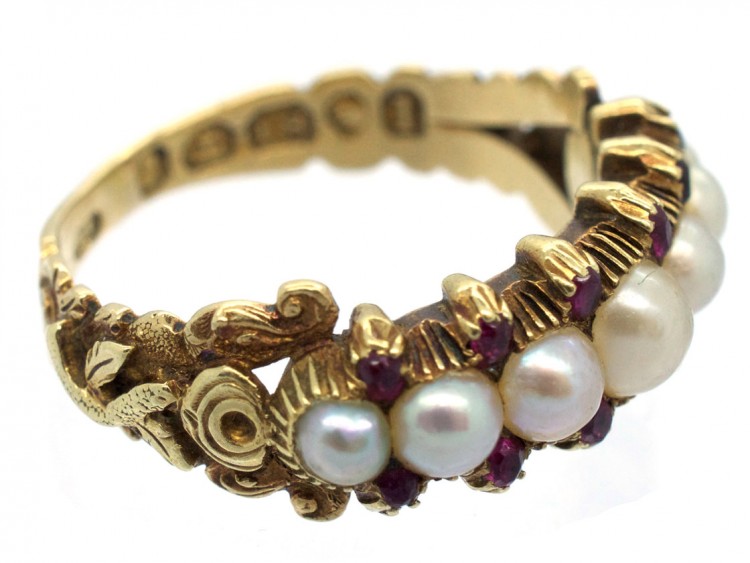 Georgian 18ct Gold Natural Split Pearls & Rubies Ring