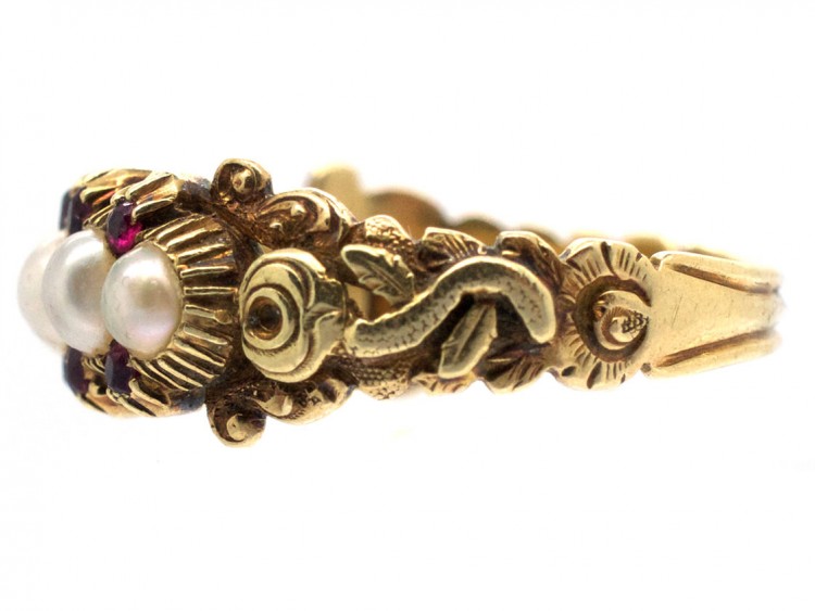 Georgian 18ct Gold Natural Split Pearls & Rubies Ring
