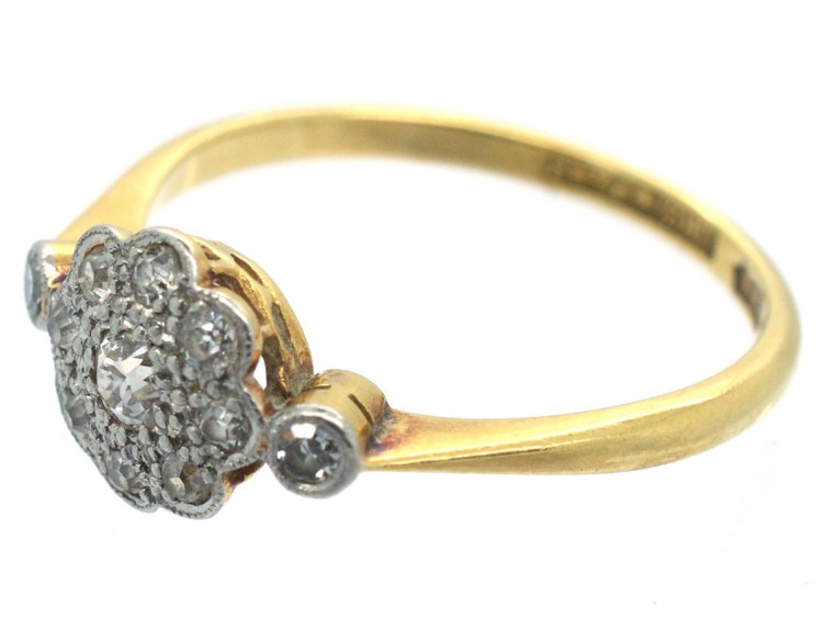 18ct Gold & Platinum Edwardian Diamond Cluster Ring with Diamond Shoulders