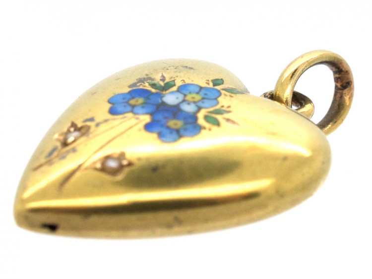 Edwardian 15ct Gold & Enamel Forget Me Not Heart Pendant