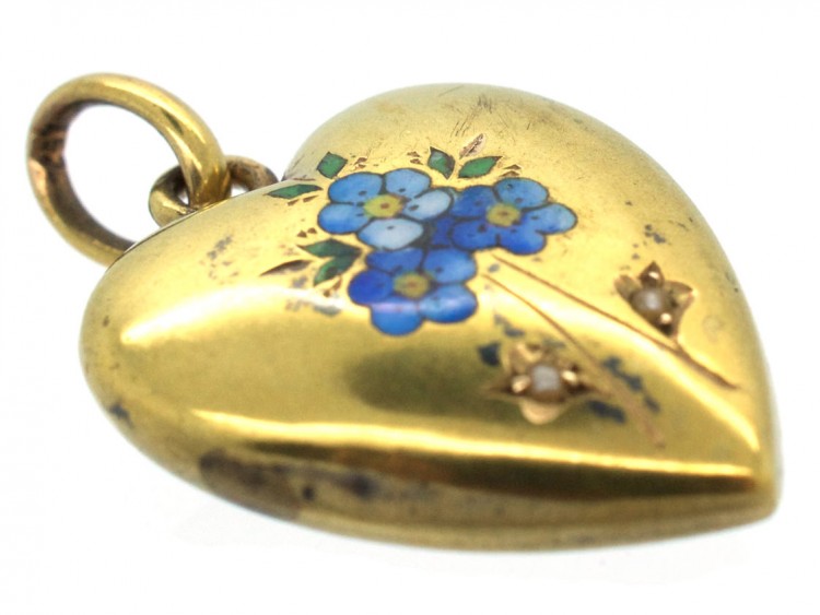 Edwardian 15ct Gold & Enamel Forget Me Not Heart Pendant