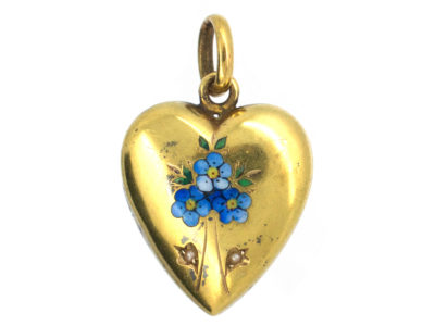 Edwardian 15ct Gold & Enamel Forget Me Not Heart Pendant