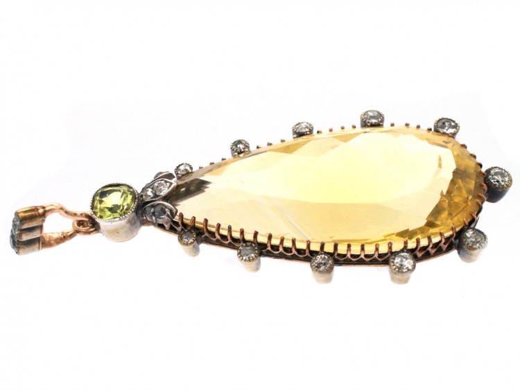 Edwardian 15ct Gold Large Pear Shaped Edwardian Gold, Citrine, Diamond & Chrysolite Pendant