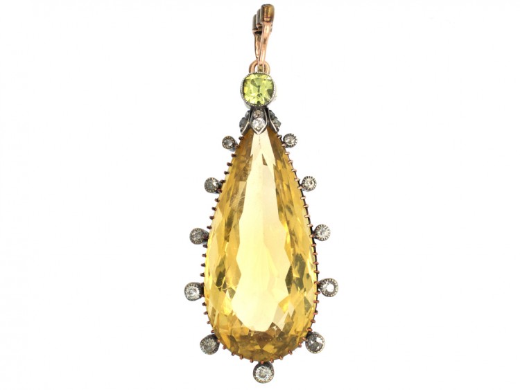 Edwardian 15ct Gold Large Pear Shaped Edwardian Gold, Citrine, Diamond & Chrysolite Pendant