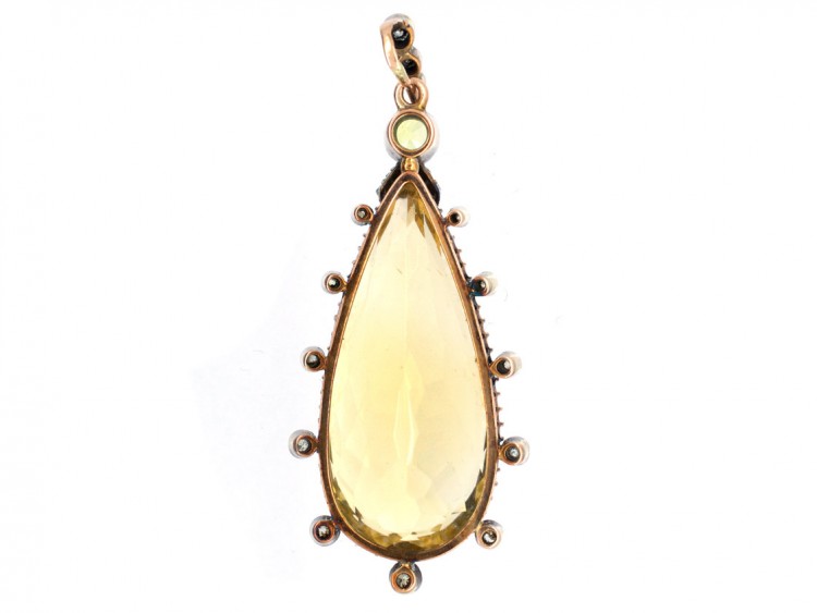 Edwardian 15ct Gold Large Pear Shaped Edwardian Gold, Citrine, Diamond & Chrysolite Pendant