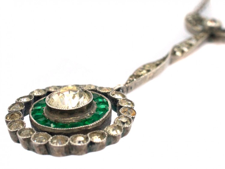 Edwardian Silver, Green & White Paste Pendant on a Silver Chain