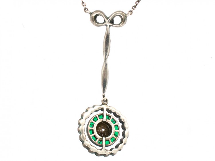 Edwardian Silver, Green & White Paste Pendant on a Silver Chain