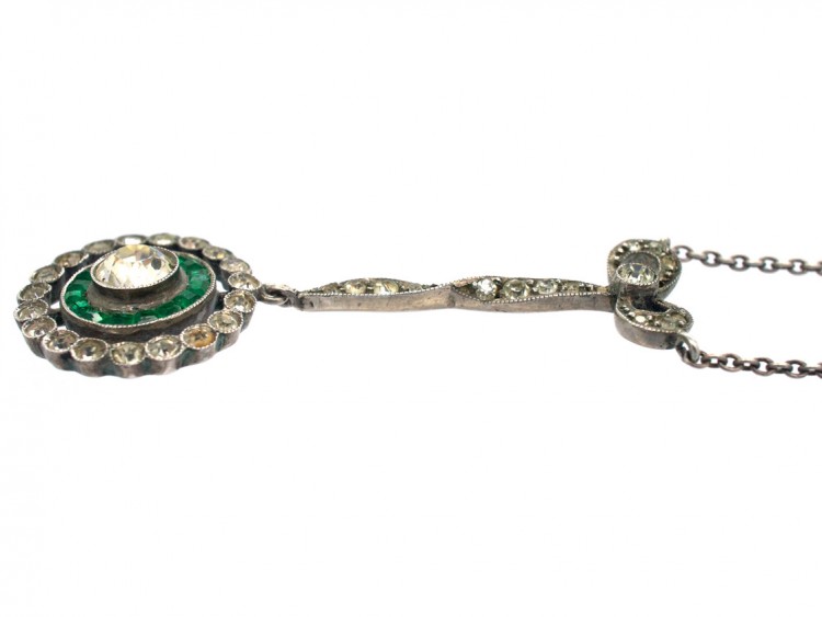 Edwardian Silver, Green & White Paste Pendant on a Silver Chain