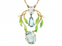 Art Nouveau 15ct Gold, Enamel & Aquamarine Pendant on Chain