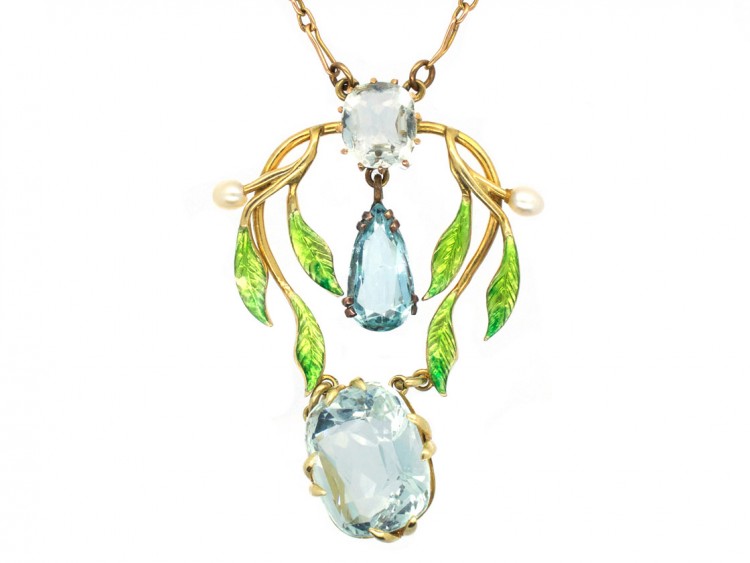 Art Nouveau 15ct Gold, Enamel & Aquamarine Pendant on Chain
