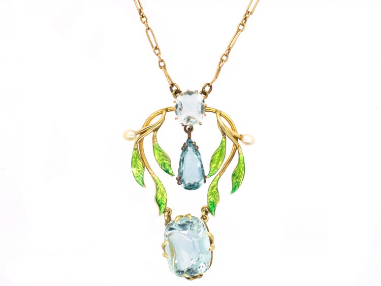 Art Nouveau 15ct Gold, Enamel & Aquamarine Pendant on Chain