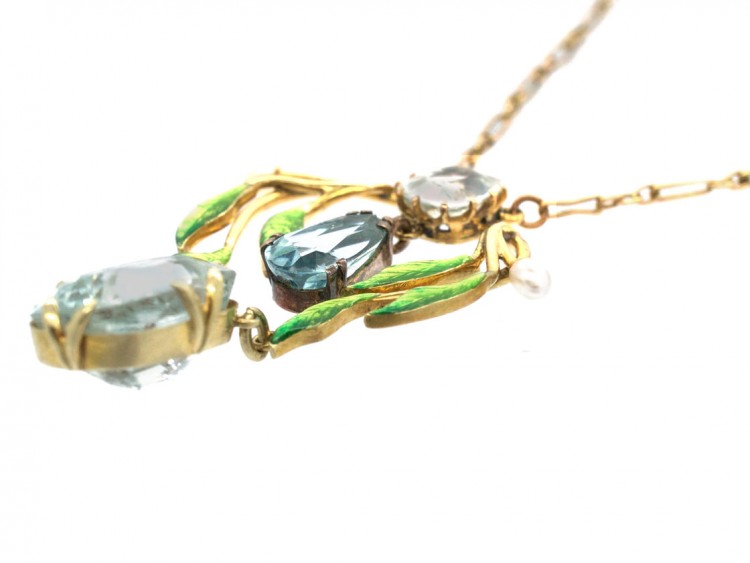 Art Nouveau 15ct Gold, Enamel & Aquamarine Pendant on Chain