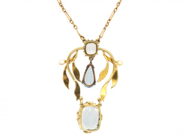 Art Nouveau 15ct Gold, Enamel & Aquamarine Pendant on Chain