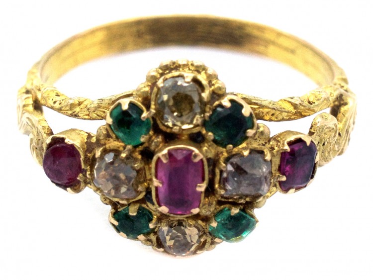 Regency 15ct Gold Emerald, Ruby & Topaz Cluster Ring