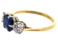 18ct Gold & Platinum Art Deco Sapphire & Diamond Three Stone Ring