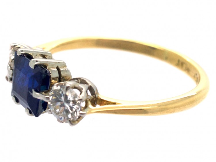 18ct Gold & Platinum Art Deco Sapphire & Diamond Three Stone Ring