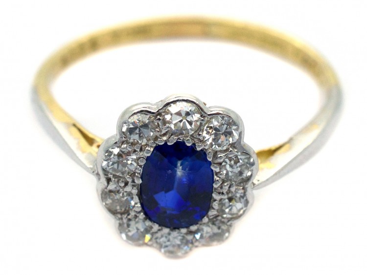 Edwardian 18ct Gold & Platinum Diamond & Sapphire Oval Cluster Ring