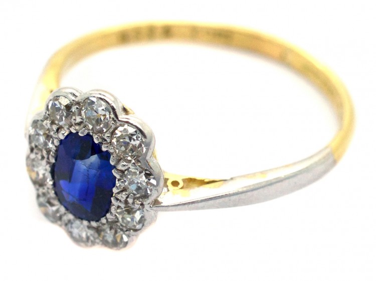 Edwardian 18ct Gold & Platinum Diamond & Sapphire Oval Cluster Ring