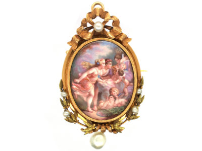 French 18ct Gold Enamelled Pendant Brooch After Boucher
