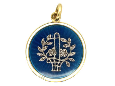 Edwardian Basket of Flowers 15ct Gold, Diamond & Enamel Round Pendant
