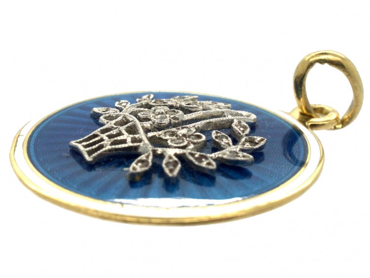 Edwardian Basket of Flowers 15ct Gold, Diamond & Enamel Round Pendant