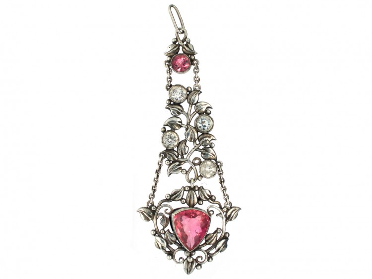 Arts & Crafts Silver Pendant set with Rock Crystal & Pink Tourmalines