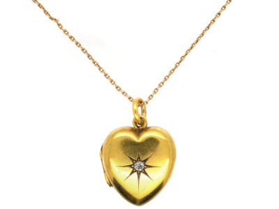 Victorian 15ct Gold Heart Locket Set With a Diamond on 9ct Gold Chain
