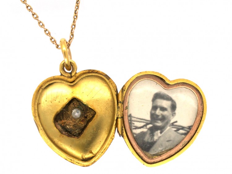 Victorian 15ct Gold Heart Locket Set With a Diamond on 9ct Gold Chain