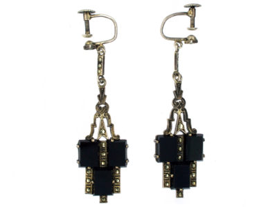 Art Deco Silver, Onyx & Marcasite Drop Earrings