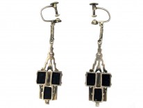 Art Deco Silver, Onyx & Marcasite Drop Earrings