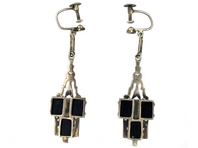 Art Deco Silver, Onyx & Marcasite Drop Earrings