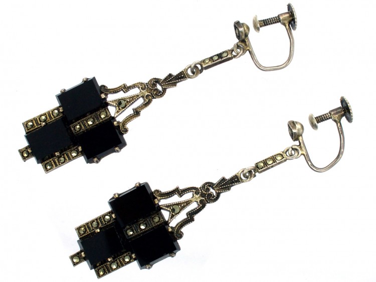 Art Deco Silver, Onyx & Marcasite Drop Earrings