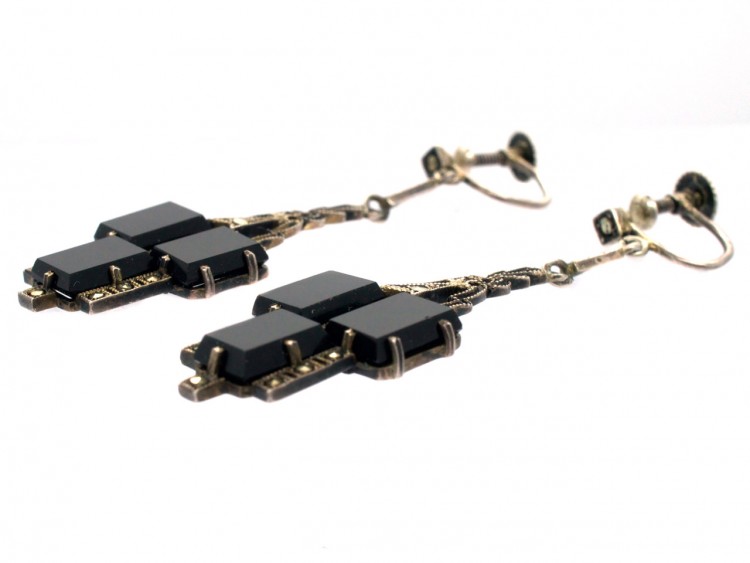 Art Deco Silver, Onyx & Marcasite Drop Earrings