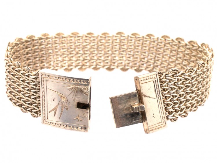 Victorian Woven Silver Bracelet with Swallow Motif Clasp