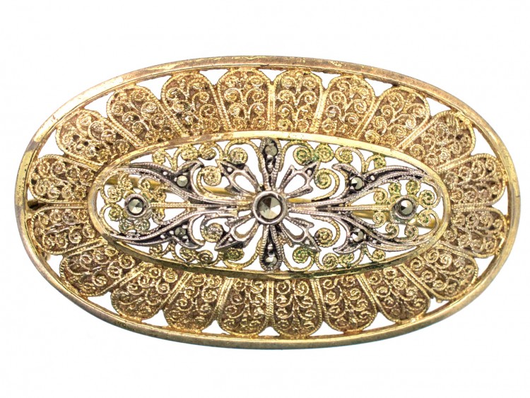 Art Deco Silver Gilt & Marcasite Brooch