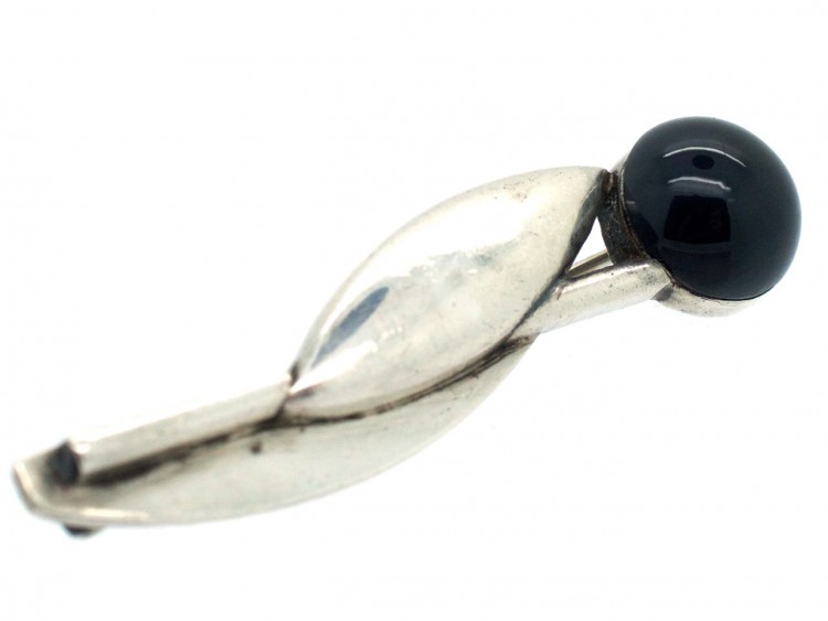Theodor Fahrner Silver & Onyx Flower Brooch