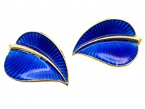 Silver Gilt Norwegian Blue Enamel Clip On Leaf Earrings