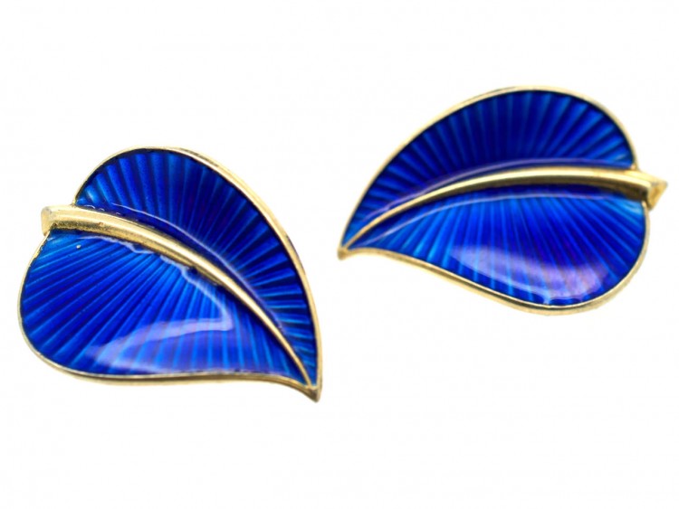 Silver Gilt Norwegian Blue Enamel Clip On Leaf Earrings