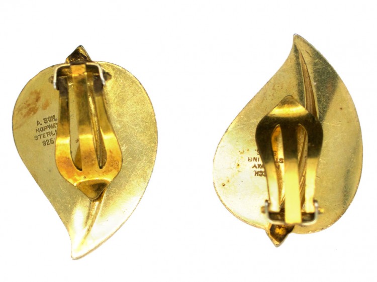 Silver Gilt Norwegian Blue Enamel Clip On Leaf Earrings