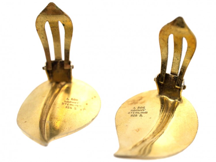 Silver Gilt Norwegian Blue Enamel Clip On Leaf Earrings